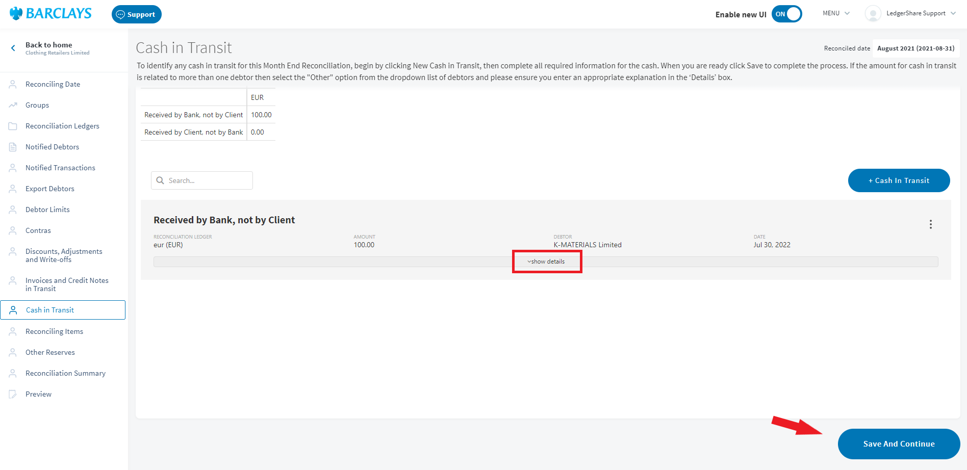 11. Cash in transit Barclays LedgerShare Support